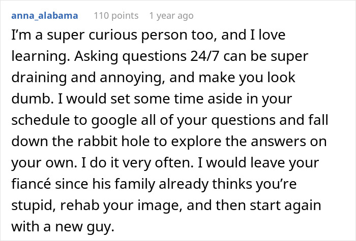 Screenshot of a user comment discussing a future MIL brands bride-to-be stupid, with fianc&eacute; laughing along.