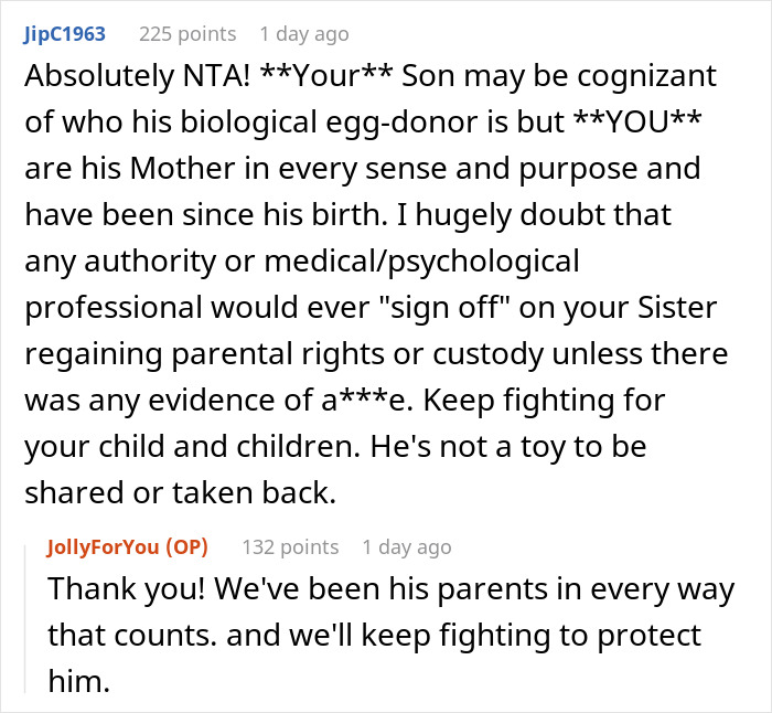 Screenshot of an online discussion about a mom giving up her baby and wanting the child back years later.