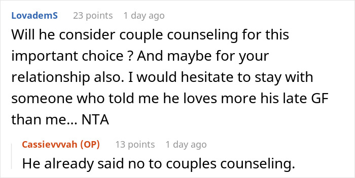 Screenshot of a Reddit conversation discussing a man wanting to name his baby after his first girlfriend and upsetting his wife. Screenshot of a Reddit conversation discussing a man wanting to name his baby after his first girlfriend and upsetting his wife.