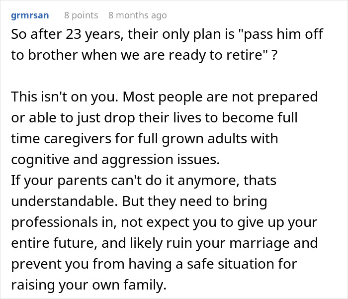 Screenshot of a Reddit comment discussing parents expecting son to care for autistic brother and consequences of refusal.