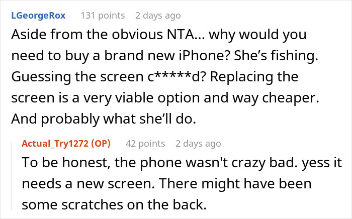 Screenshot of an online discussion about a woman refusing to pay &pound;2,300 after baby breaks friend&rsquo;s iPhone and Gucci sunglasses.