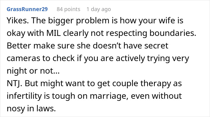 Reddit comment discussing MIL banned from visiting couple due to secret digging through trash and boundary issues.