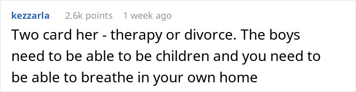 Commenter advising therapy or divorce for a wife turned mean once she got money, emphasizing kids&rsquo; well-being and personal space.