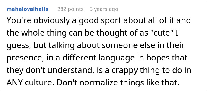 Comment discussing respecting husband parents&rsquo; native language and avoiding negative behavior in any culture.