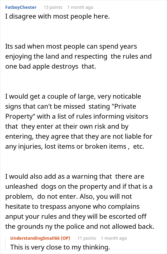 Forum post discussing dog walking rules on private land and plans to block access due to trespassing complaints.