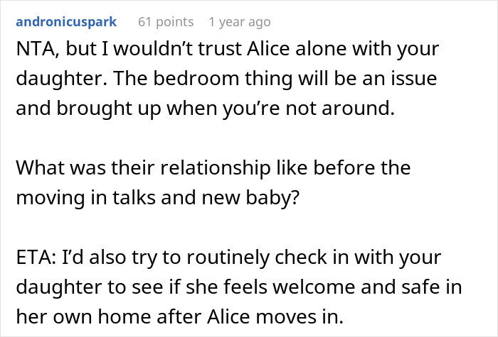 Comment warns about trusting fianc&eacute;e alone with daughter and suggests checking daughter's comfort and safety regularly.