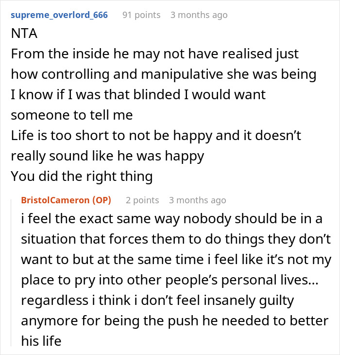 Reddit comments discussing fears a 23-year-old’s confrontation about wife’s behavior pushed a married coworker toward divorce. Reddit comments discussing fears a 23-year-old’s confrontation about wife’s behavior pushed a married coworker toward divorce.