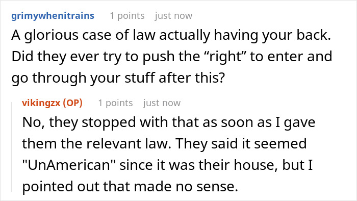 Screenshot of a conversation discussing landlord malicious compliance involving legal rights and tenant protections.