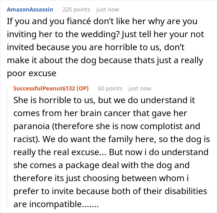Reddit comments discussing a bride refusing her sister-in-law’s service dog at her wedding over family tensions. Reddit comments discussing a bride refusing her sister-in-law’s service dog at her wedding over family tensions.