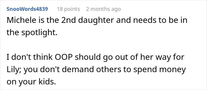 Comment discussing a sister accusing favoritism toward nephew and niece in a family financial dispute.