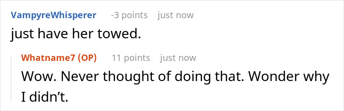 Screenshot of a Reddit conversation about towing an entitled neighbor's car for blocking his vehicle and a $300 demand.