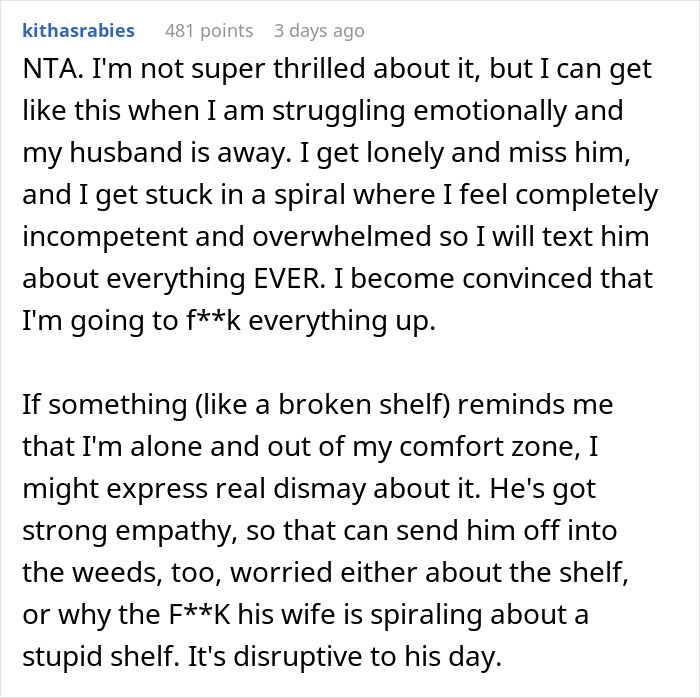 Reddit comment about feeling overwhelmed and incompetent, illustrating weaponized incompetence in a marital context. Reddit comment about feeling overwhelmed and incompetent, illustrating weaponized incompetence in a marital context.