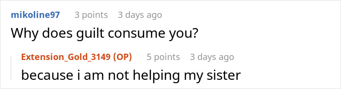 Screenshot of a Reddit conversation about a woman uninviting her sister from her wedding over a $30K gift dispute.