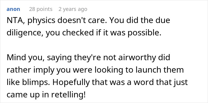 Comment discussing physics and airworthiness in a dispute involving a guy refusing to let obese family fly in his plane. Comment discussing physics and airworthiness in a dispute involving a guy refusing to let obese family fly in his plane.