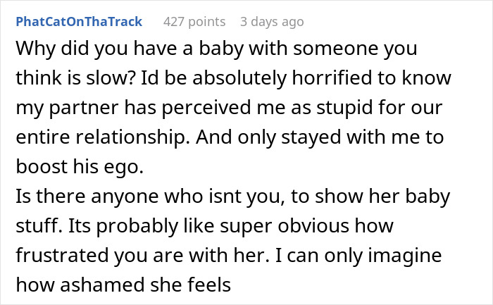 Comment expressing frustration over a new mom struggling with baby care while her husband judges her harshly.