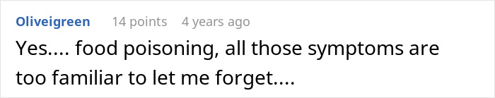 Screenshot of an online comment discussing food poisoning symptoms related to suspicious behavior from a mother-in-law. Screenshot of an online comment discussing food poisoning symptoms related to suspicious behavior from a mother-in-law.