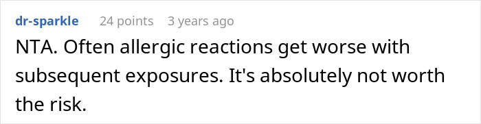 Comment warning about allergic reaction risks as woman faces anaphylaxis from sister-in-law ignoring no-peanut rule. Comment warning about allergic reaction risks as woman faces anaphylaxis from sister-in-law ignoring no-peanut rule.