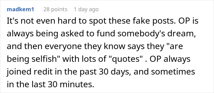 Screenshot of a Reddit comment discussing fake posts about dream truck loans and inheritance requests online.
