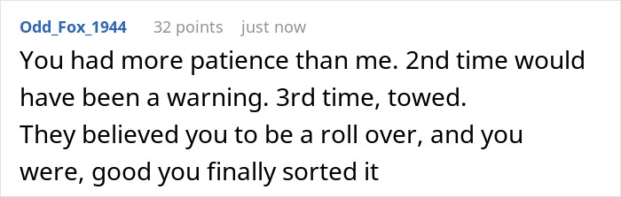 Comment text on a white background expressing frustration about repeated misuse of a driveway and setting boundaries.