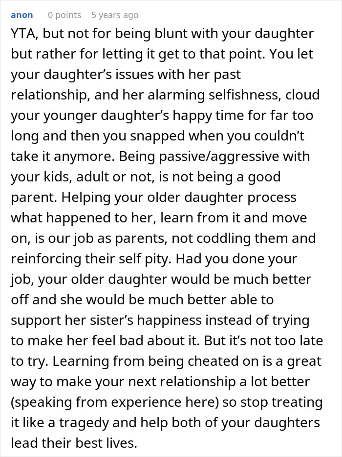 Comment discussing single sister struggling with sibling's engagement and issues of selfishness and family support.