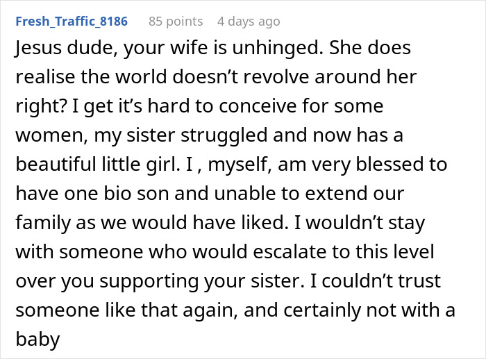 Comment discussing wife&rsquo;s reaction to husband attending his sister&rsquo;s baby shower causing relationship strain and therapy need.