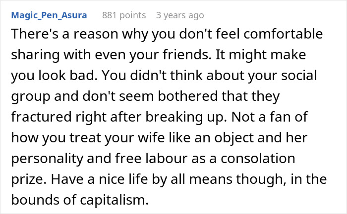 Reddit comment criticizing a man who robotically chose his wife for brains instead of heart, sparking internet discomfort.