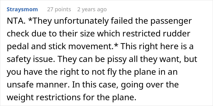 Comment discussing safety concerns over weight restrictions in a plane, linked to a guy refusing obese family from flying. Comment discussing safety concerns over weight restrictions in a plane, linked to a guy refusing obese family from flying.