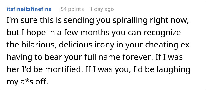 Screenshot of a Reddit comment discussing a man&rsquo;s reaction to his ex-wife and her new husband legally changing their name to his full name.