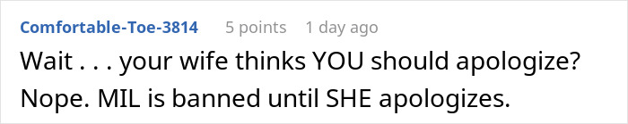 Comment text showing a user discussing MIL banned from visiting a couple after secret digging through trash incident.