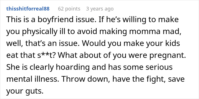 Reddit comment discussing cheap MIL feeding spoiled food to son and girlfriend and bullying them into eating it.