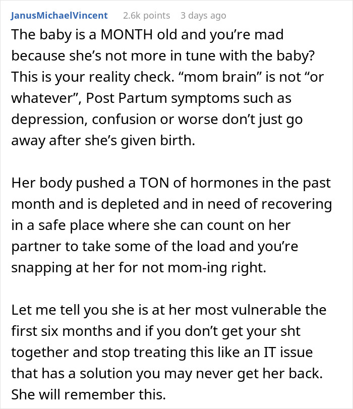New mom struggles with postpartum symptoms while husband judges her efforts caring for their baby.