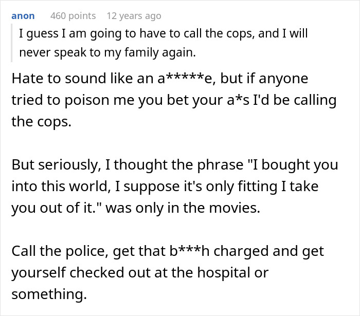 Text post discussing calling the cops and hospital if mother-poisoned-me, reflecting on serious family betrayal.
