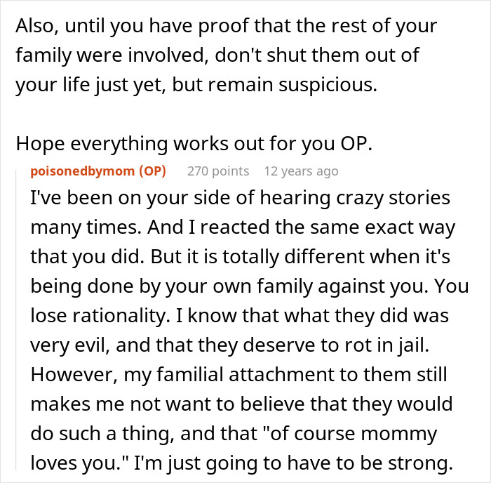 Reddit comment from user poisonedbymom discussing the emotional impact of betrayal by family and staying strong.