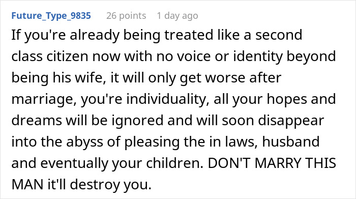 Comment expressing concerns about being treated like a second class citizen by a man&rsquo;s family after marriage.