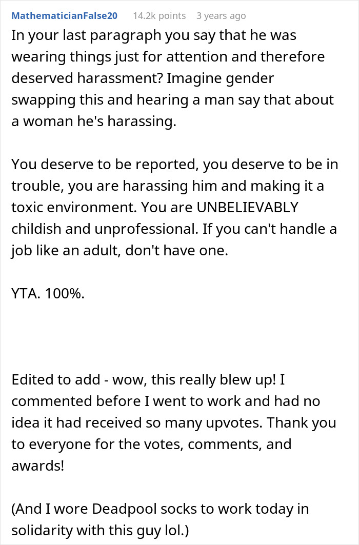 Text post discussing workplace harassment and unprofessional behavior mocking a coworker for colorful socks. Text post discussing workplace harassment and unprofessional behavior mocking a coworker for colorful socks.