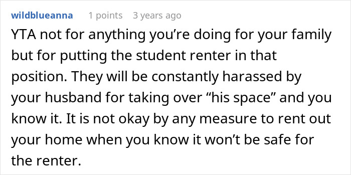 Comment discussing issues with renting out a husband's man cave after he refuses to work or help out.