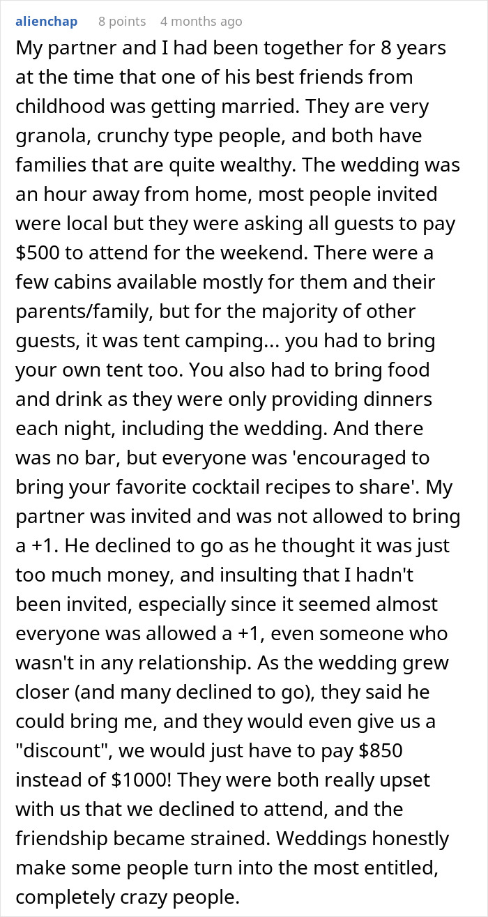 Screenshot of a Reddit comment discussing a bride demanding money from friends after cheap wedding shower gifts sparked her wrath.