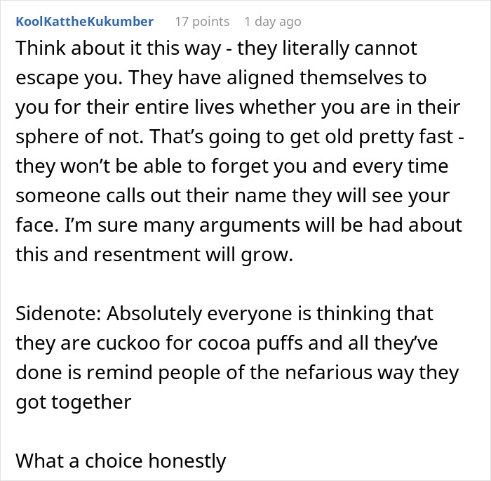 Reddit comment discussing a guy&rsquo;s reaction to his ex-wife and new husband legally changing their name to his.