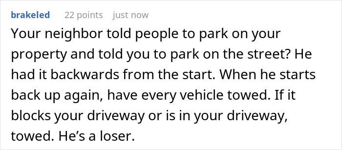 Text excerpt showing advice on towing vehicles blocking a nurse’s driveway used by neighbor without permission after a 12-hour shift.
