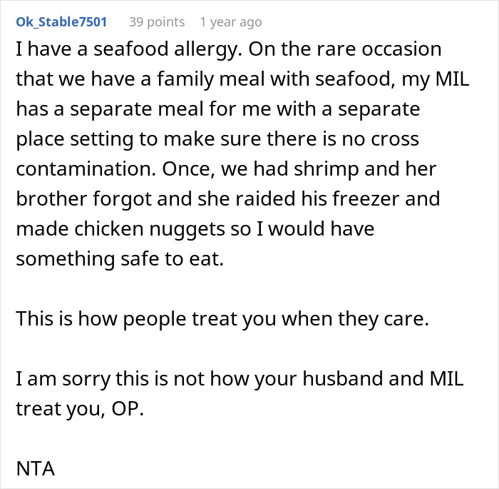 Reddit comment describing caring MIL avoiding allergy triggers, contrasting with MIL purposely triggering allergies. Reddit comment describing caring MIL avoiding allergy triggers, contrasting with MIL purposely triggering allergies.