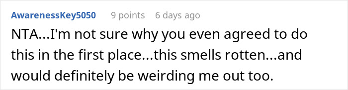 Comment expressing suspicion about nannying husband's coworker's children for free, highlighting distrust and discomfort.