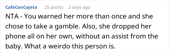 Screenshot of a Reddit comment discussing refusal to pay after a baby breaks friend&rsquo;s iPhone and Gucci sunglasses.