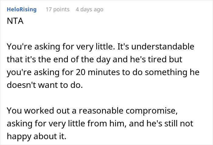 Comment discussing a husband flipping out after being asked to watch kids for a short time while wife cooks. Comment discussing a husband flipping out after being asked to watch kids for a short time while wife cooks.
