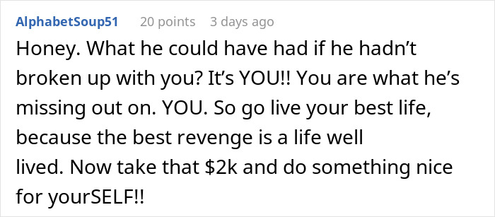 Online comment about a man breaking up with girlfriend after an argument about cheese, focusing on relationship advice.