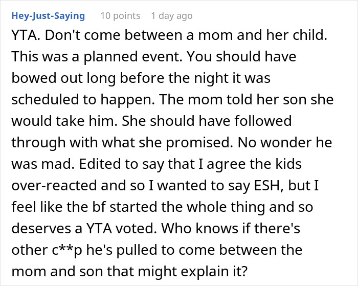 Comment discussing a man walking out during his girlfriend&rsquo;s son&rsquo;s meltdown about mountain biking early morning.