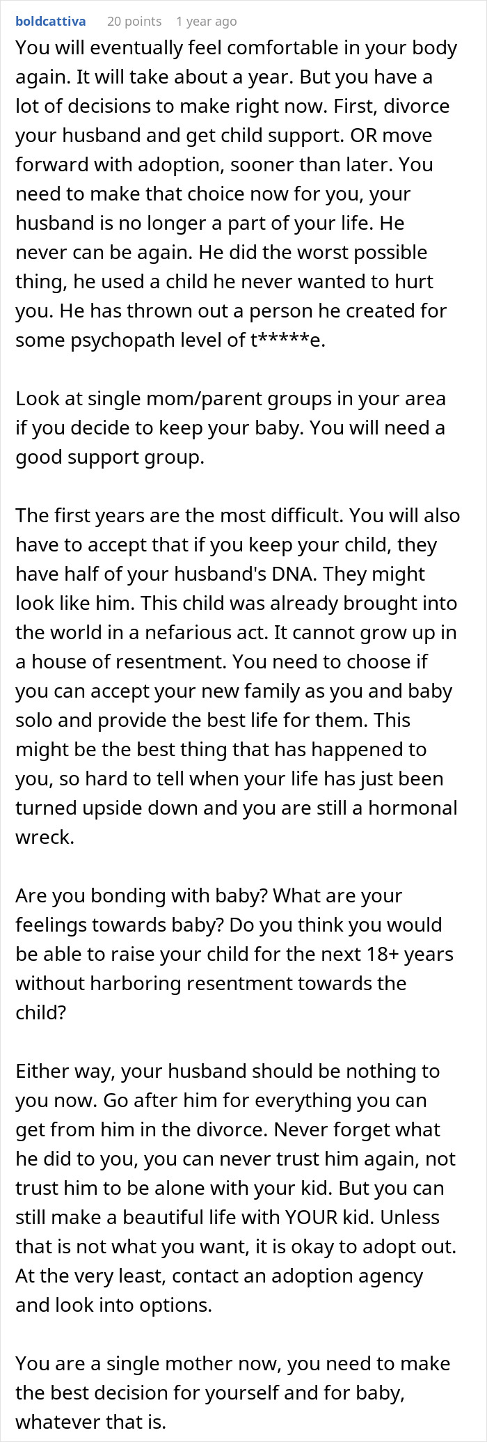 Text advice for single mothers coerced into pregnancy, focusing on husband coercion, pregnancy, and body autonomy support.
