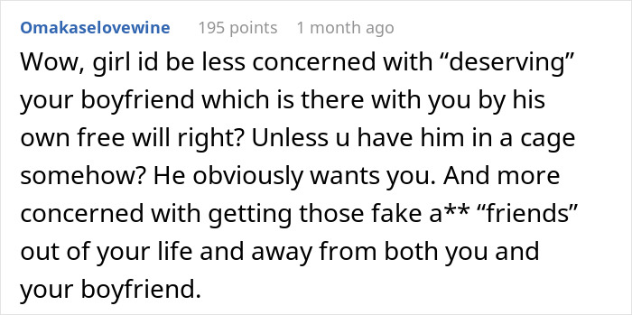 Comment on a woman devastated after friends say her model boyfriend is out of her league, discussing relationship dynamics.