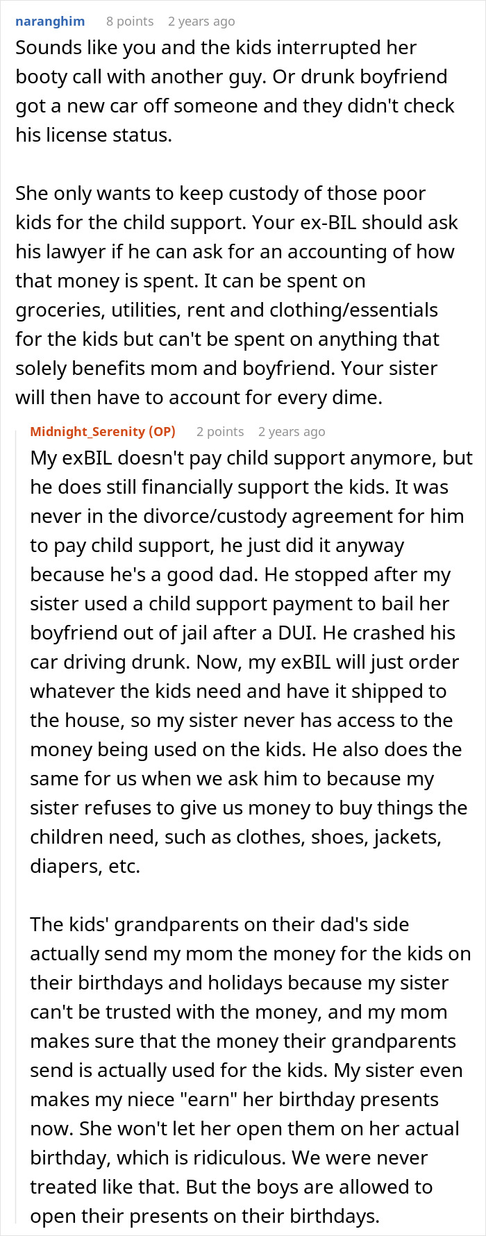 Reddit comments discussing sister threatening to call cops after woman brings kids home, involving custody and child support issues.