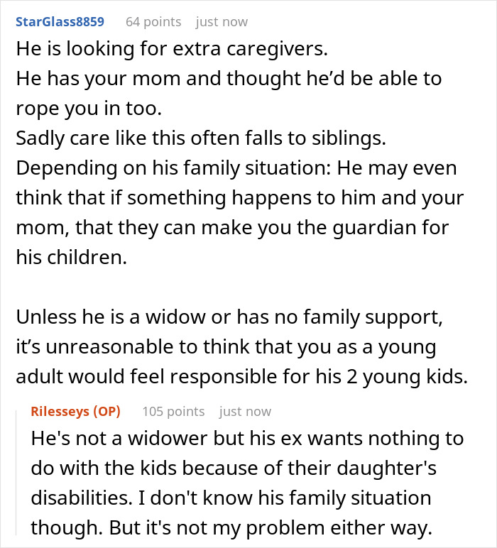Alt text: Conversation about a mom trying to recruit her 20-year-old son to care for disabled daughter and his refusal reaction Alt text: Conversation about a mom trying to recruit her 20-year-old son to care for disabled daughter and his refusal reaction
