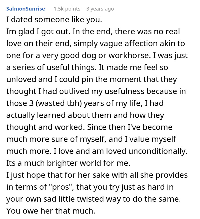 Comment expressing relief after dating someone without genuine love, highlighting feelings of being used and eventual self-worth growth.